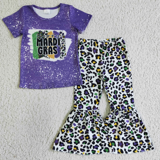 GSPO0221 Mardi Gras Purple Yellow Leopard Girls Short Sleeve Bell Bottom Pants Outfits