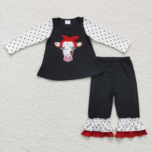 Promotion RTS 6 A13-26 Christmas Embroidery Cow Girls Long Sleeve Bell Bottom Pants Outfits