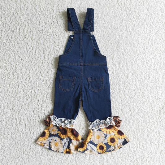 P0028 Sunflower Girls Ruffles Overall Denim Jeans With Bow