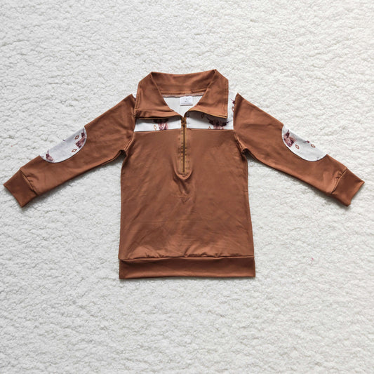 BT0104 Brown Highland Cow Western Boys Long Sleeve Top Collar Polo Pullover T-Shirts