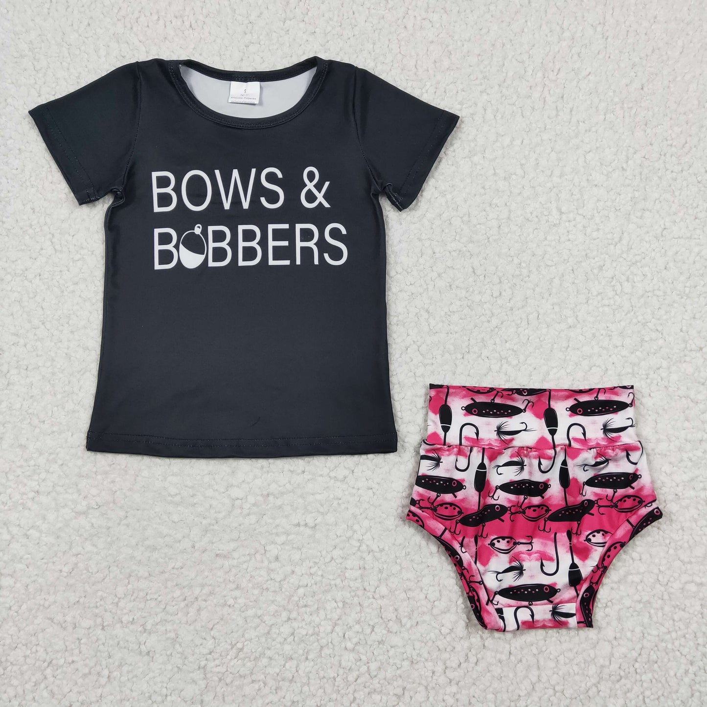 GBO0072 Black Pink Fish Bobbers With Bows Headband 3pcs Girls Short Sleeve Bummies Outfits