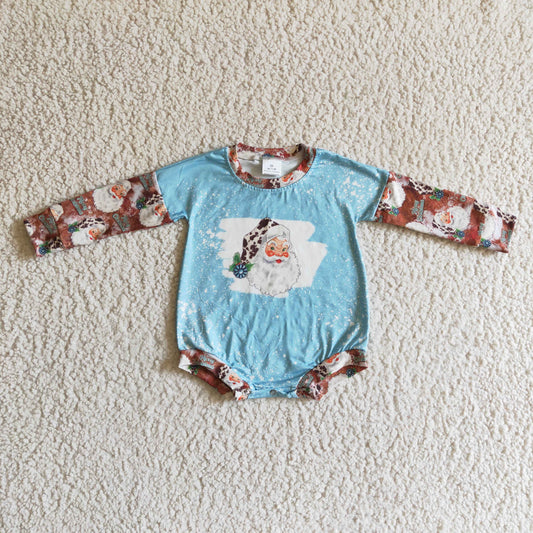 LR0175 Happy Christmas Blue Leopard Santa Girls Long Sleeve Romper