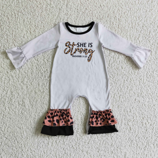 LR0216 She Is Strong Grey Leopard Ruffles Girls Long Sleeve Romper