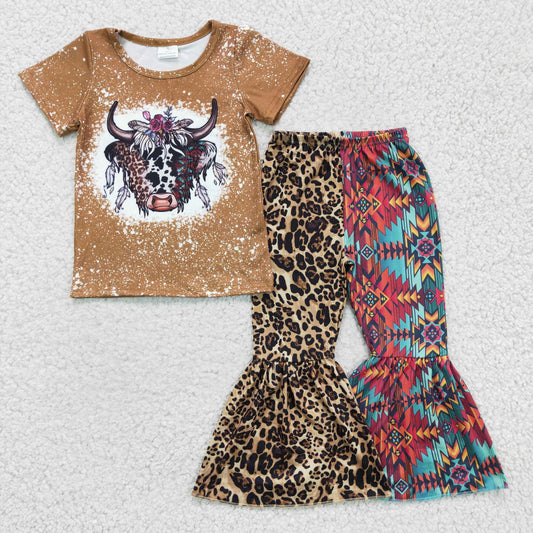 GSPO0263 Highland Cow Brown Western Leopard Girls Short Sleeve Bell Bottom Pants Outfits