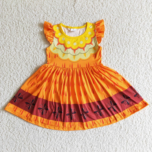 DSD0006 Orange Yellow Princess Cartoon Girls Flutter Sleeve Dresses