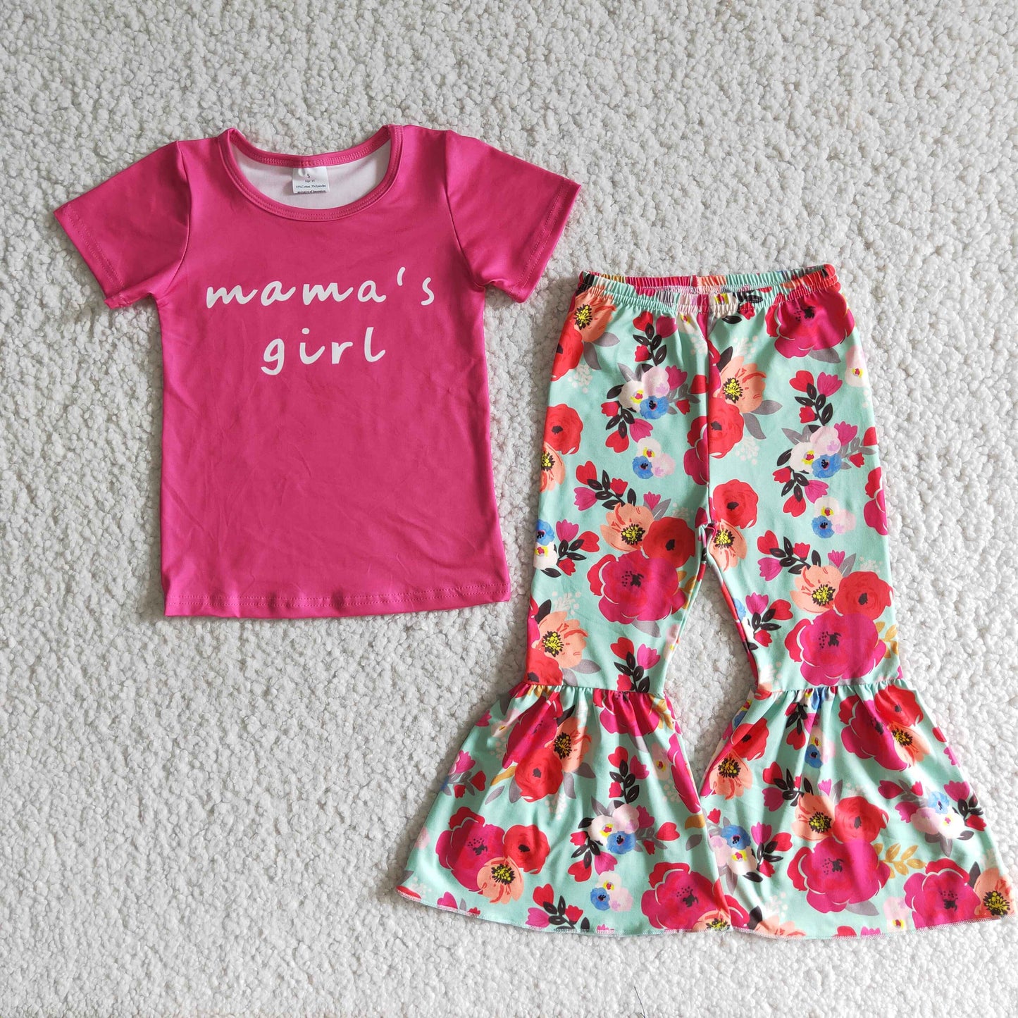 Clearance A6-23 Mama's Pink Floral Girls Short Sleeve Bell Bottom Pants Outfits