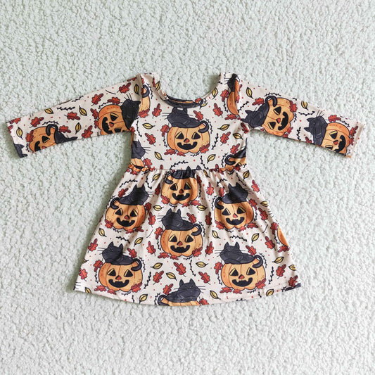 GLD0065 Halloween Pumpkin Cat Orange Girls Long Sleeve Dresses