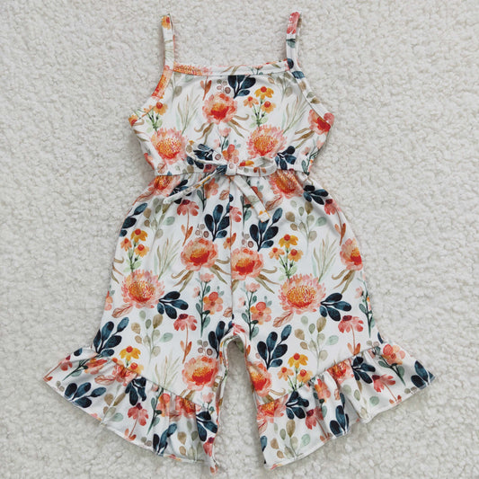 SR0250  Pink Floral Flower Orange Girls Sleeveless Jumpsuit Overall Pants