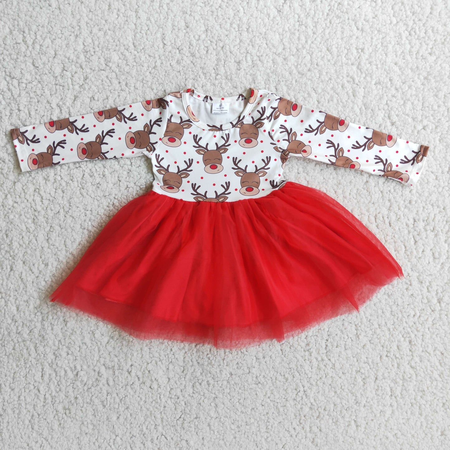 Clearance 6 A4-20 Christmas Deer Red Print Tulle Tutu Girls Long Sleeve Dresses