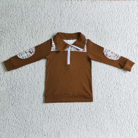 BT0087 Brown Highland Cow Head Western Boys Long Sleeve Top Collar Polo Pullover T-Shirts