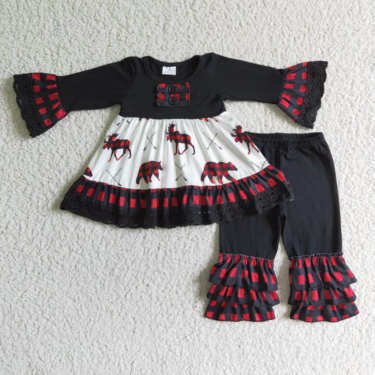 6 B4-1 Christmas Red Black Plaid Deer Ruffles Tunic Girls Long Sleeve Pants Outfits