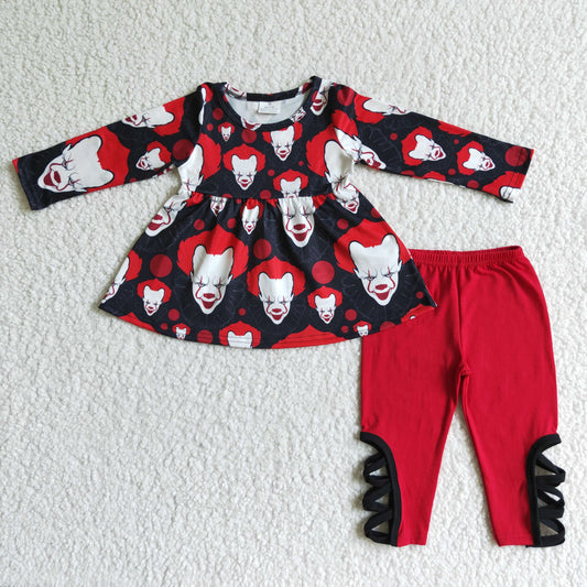 Clearance 6 C7-23 Halloween Red Clown Cartoon Tunic Girls Long Sleeve Pants Outfits