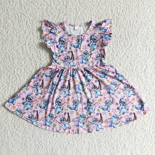 Clearance GSD0012 Pink Blue Cartoon Girls Flutter Sleeve Dresses