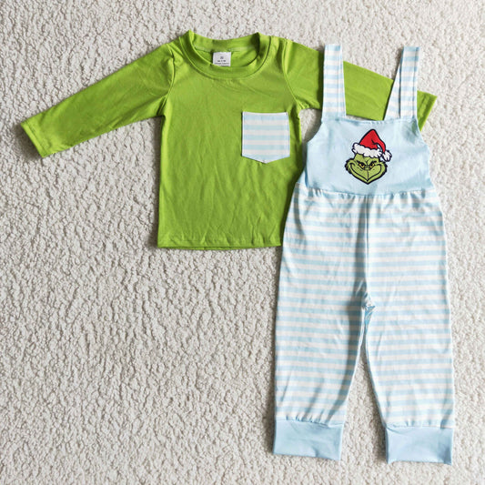 BLP0074 Christmas Green Blue Stripes Santa Cartoon Pocket Overalls Girls Long Sleeve Bell Bottom Pants Outfits