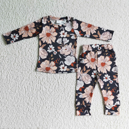 GLP0195 Black Floral Girls Long Sleeve Pants Outfits Pajamas