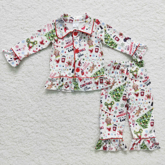 Clearance 6 A3-29 Christmas Red Green Cartoon Winter Collar Girls Long Sleeve Pants Outfits Pajamas