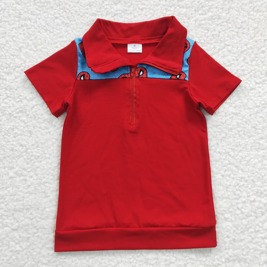 BT0158 Valentine Red Blue Spider Hero Cartoon  Boys Short Sleeve Top Collar T-Shirts