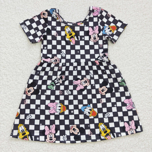 GSD0235 Black Bleach Plaid Duck M Cartoon  Girls Short Sleeve Dresses