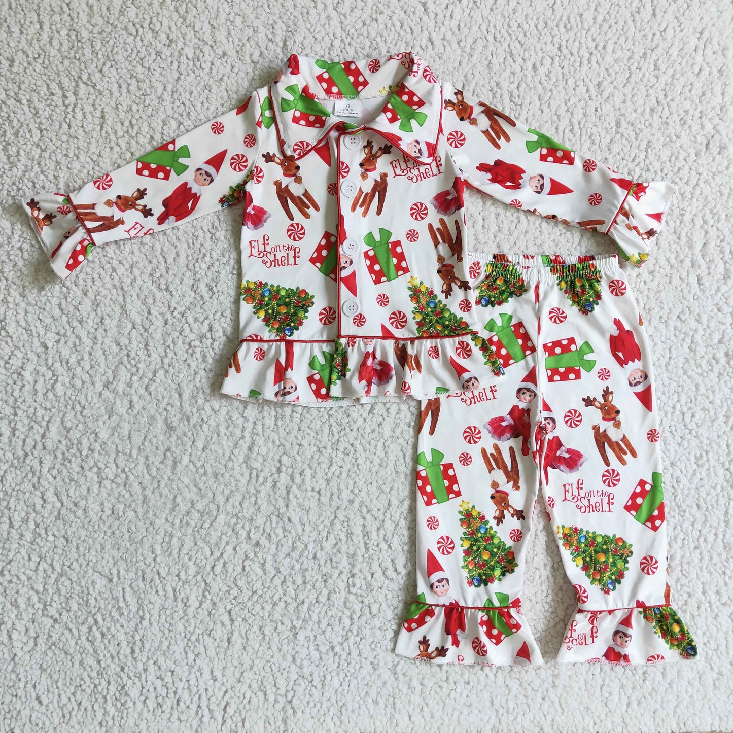 6 C8-38 Christmas Gifts Red Green Cartoon Gift Collar Girls Long Sleeve Pants Outfits Pajamas