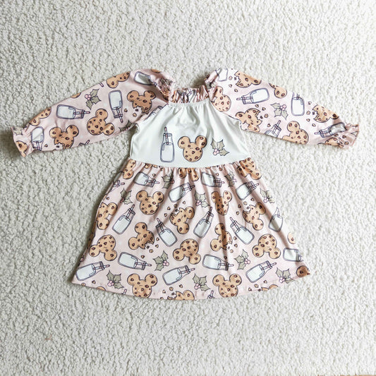 GLD0129 Christmas Pink Milk Cake Cookie M Cartoon Girls Long Sleeve Dresses