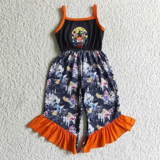 SR0077 Halloween Pumpkin Orange Blue Mouse Cartoon Girls Sleeveless Jumpsuit Overall Pants