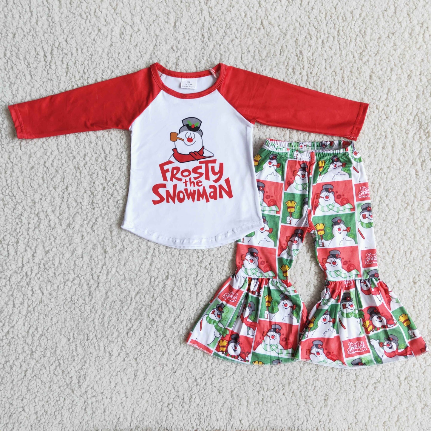 Clearance 6 A2-2 Christmas Red Frosty The Snowman Girls Long Sleeve Bell Bottom Pants Outfits