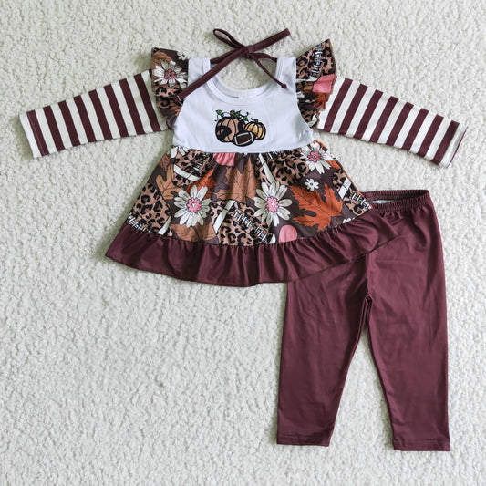 promotion RTS GLP0117 Halloween Pumpkin Leopard Red Football Embroidery Tunic Girls Long Sleeve Pants Outfits