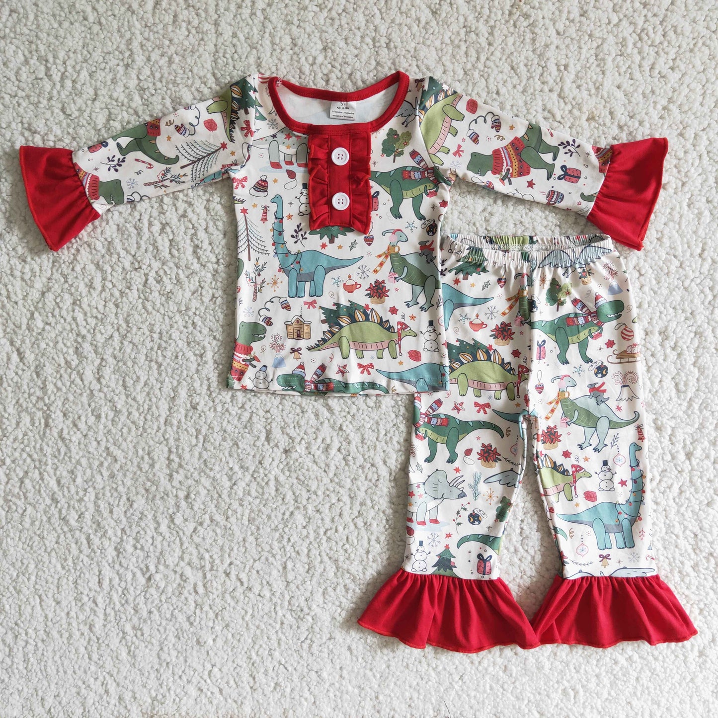 Clearance 6 A4-30 Christmas Red Dinosaur Girls Long Sleeve Pajamas Outifts