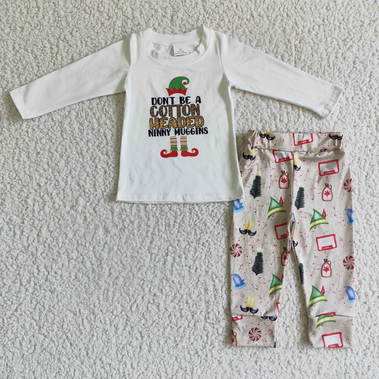 GLP0078 Christmas Cotton Headed Green Cartoon Girls Long Sleeve Pants Outfits