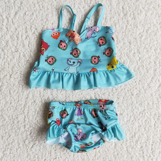 B9-22 Blue Cartoon Girls Swimming Bathing Suits Swimsuits