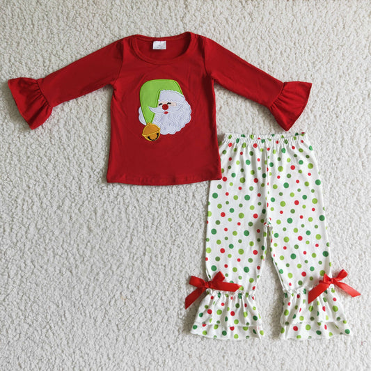 GLP0099 Christmas Santa Red Green Dots Ruffles Embroidery Girls Long Sleeve Pants Outfits