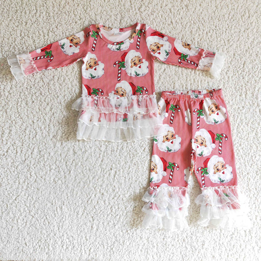 6 B12-18 Christmas Red Santa Lace Ruffle Girls Long Sleeve Bell Bottom Pants Outfits