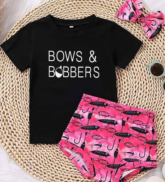 GBO0072 Black Pink Fish Bobbers With Bows Headband 3pcs Girls Short Sleeve Bummies Outfits