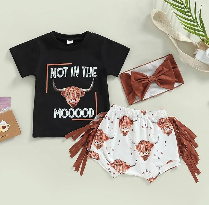 GBO0075 Black Brown Highland Cow Not In The Mooood Tassel Girls Short Sleeve Bummies Outfits