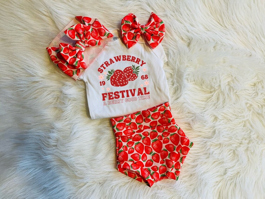 GBO0097 Red Strawberry Festival Berry Good Time 3Pcs Bows Headband With Girls Short Sleeve Bummies Outfits