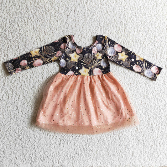 GLD0125 Happy New Year Firework Ballboon Pink Black Tulle Tutu Girls Long Sleeve Dresses