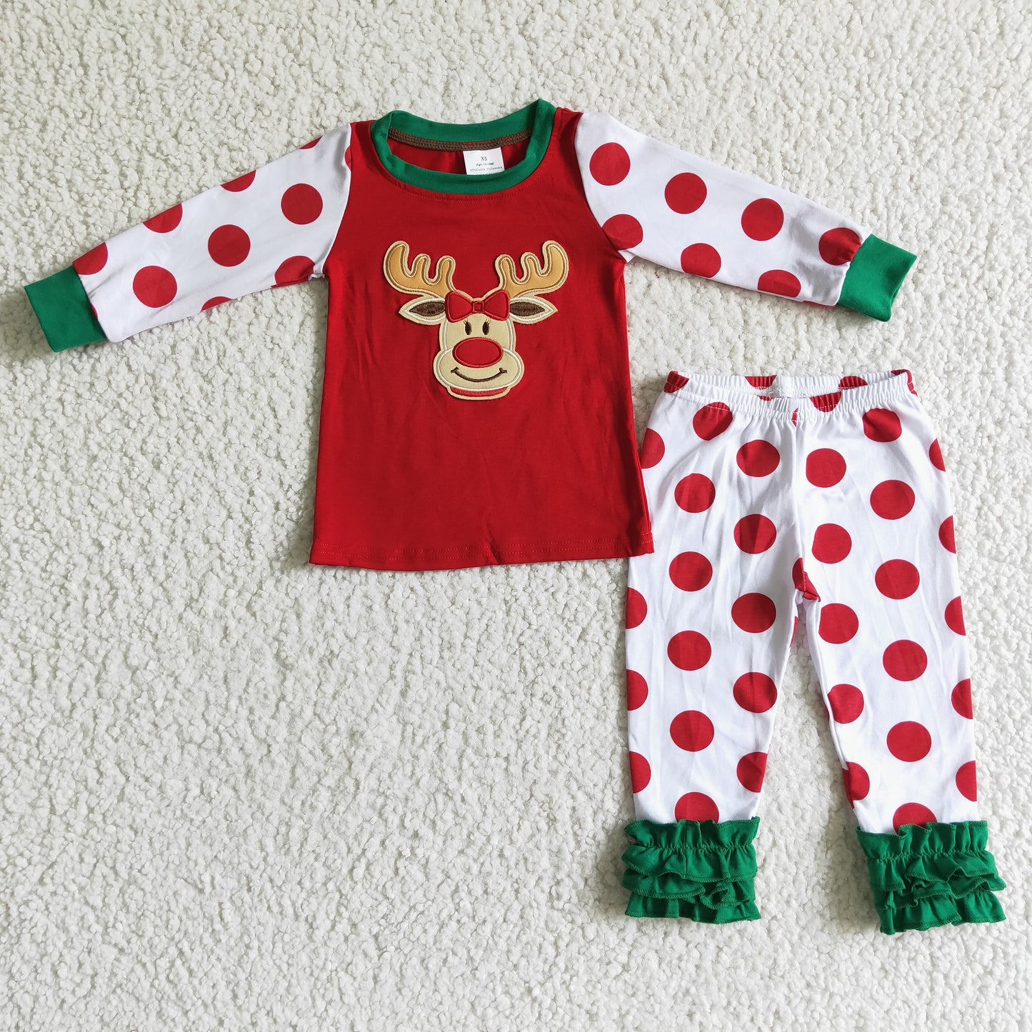 Clearance 6 B4-18 Christmas Embroidery Deer Red Green Dots Girls Long Sleeve Pajamas