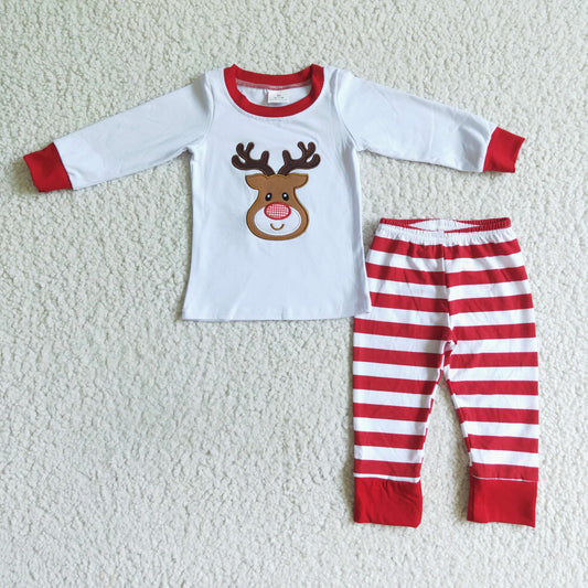 6 A18-28 Christmas Red Deer Striped Embroidery Print Girls Long Sleeve Pajamas