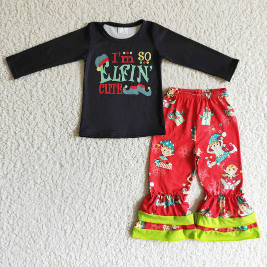 GLP0155 Christmas Cute Black Red Green Cartoon Ruffles Girls Long Sleeve Pants Outfits