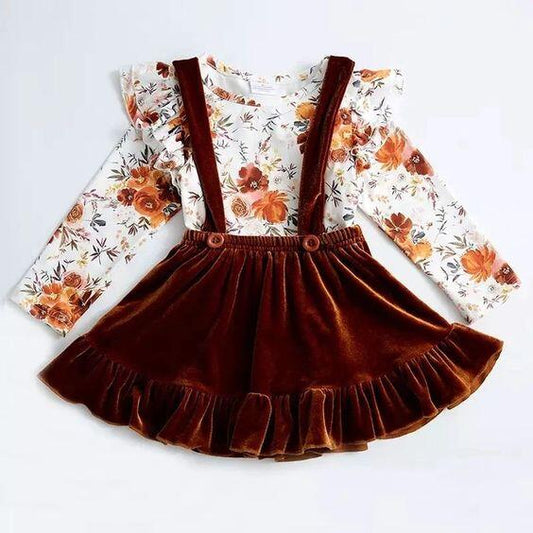 GLD0141 Fall Red Floral Flower Velvet Overall Suspender Girls Long Sleeve Dresses