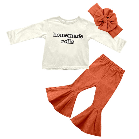 GLP0217 Homemade Rolls Letter Orange 3Pcs With Headband Bow Girls Long Sleeve Bell Bottom Pants Outfits