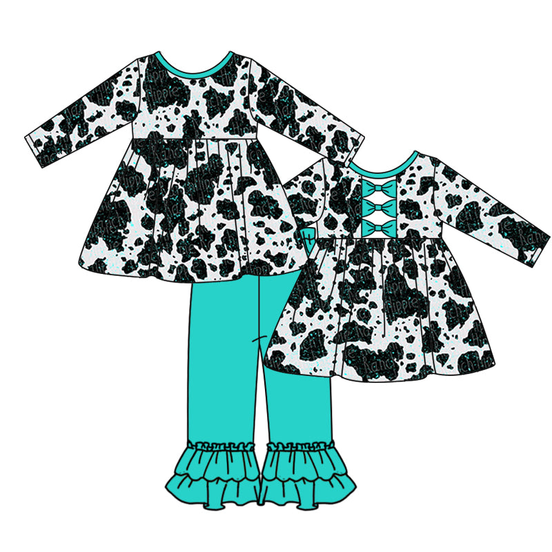 GLP0305 Black White Cow Print Blue Ruffles Girls Long Sleeve Pants Outfits