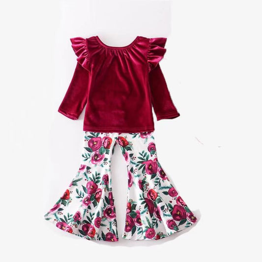 GLP0361 Red Floral Flower Velvet Girls Long Sleeve Bell Bottom Pants Outfits