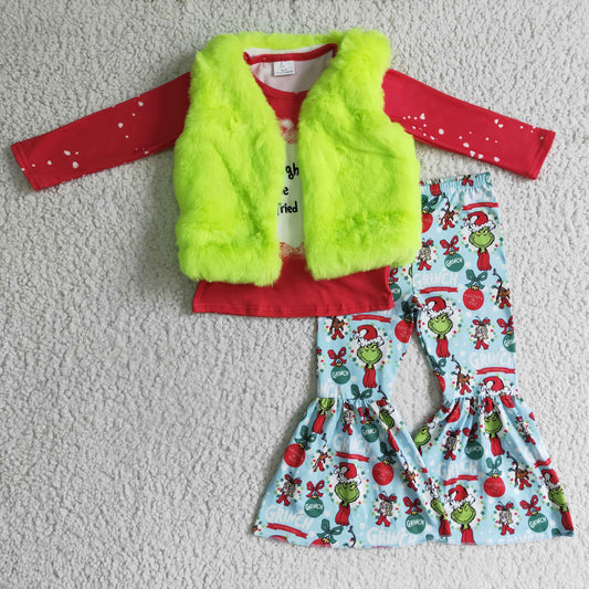 GLP0370 3Pcs Yellow Vest Top + Christmas Girls Long Sleeve Bell Bottom Pants Outfits