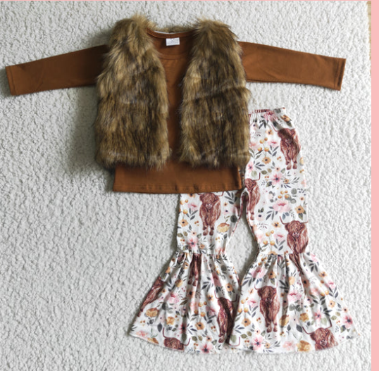 GLP0377 3Pcs Brown Vest Top + Highland Cow Girls Long Sleeve Bell Bottom Pants Outfits