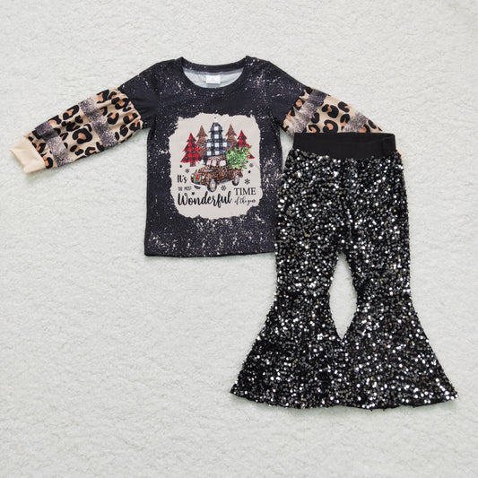 GLP0398 2Pcs Merry Christmas Leopard Black Sequin Girls Long Sleeve Bell Bottom Pants Outfits