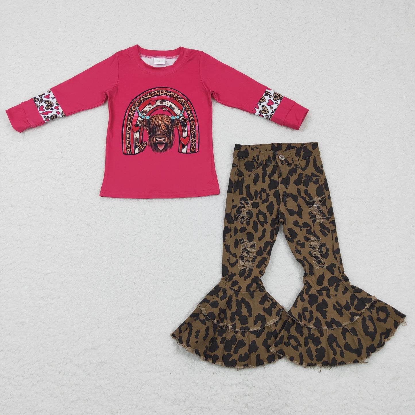 GLP0400 2Pcs Valentine Love Cow Rainbow Top + Leopard Ruffles Denim Girls Long Sleeve Pants Outfits