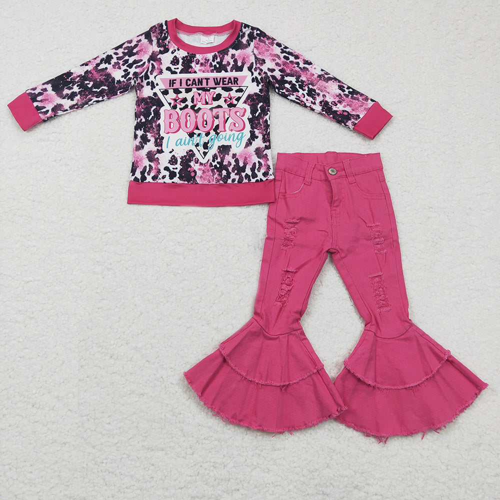 GLP0403 2Pcs Pink Western Top + Pink Denim Girls Long Sleeve Pants Outfits