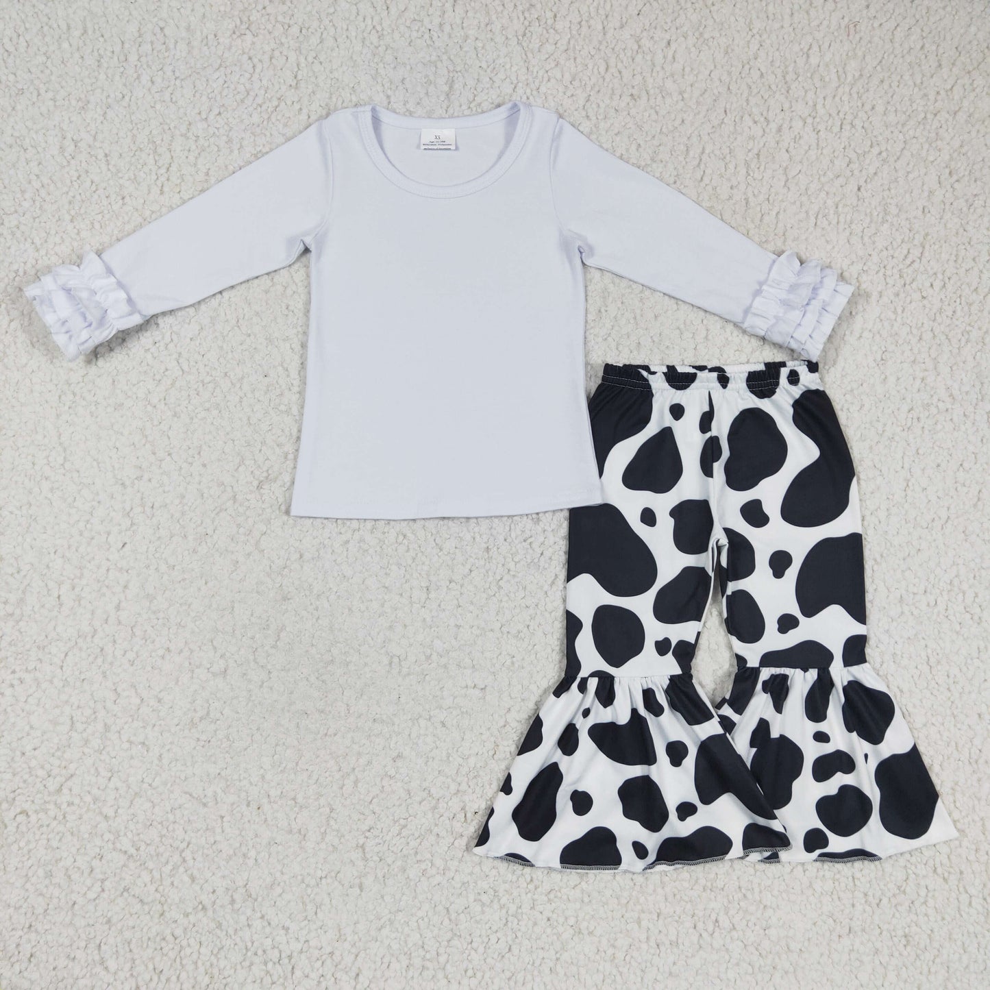 GLPO408 2Pcs White Top + P0041 Cow Print Pants Girls Long Sleeve Pants Outfits