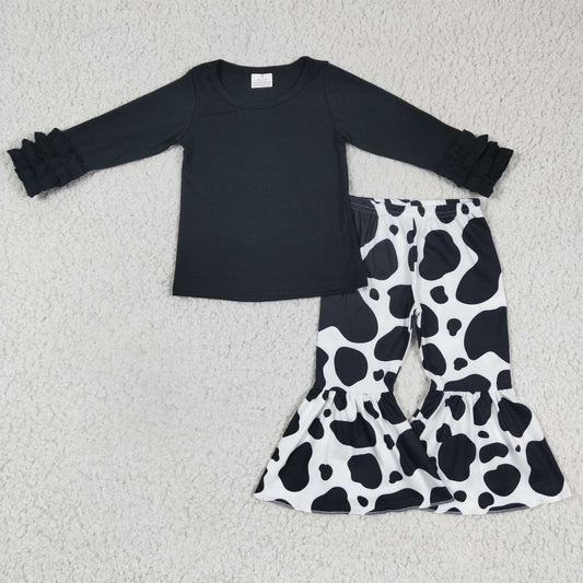 GLPO409 2Pcs Black Top + P0041 Cow Print Pants Girls Long Sleeve Pants Outfits